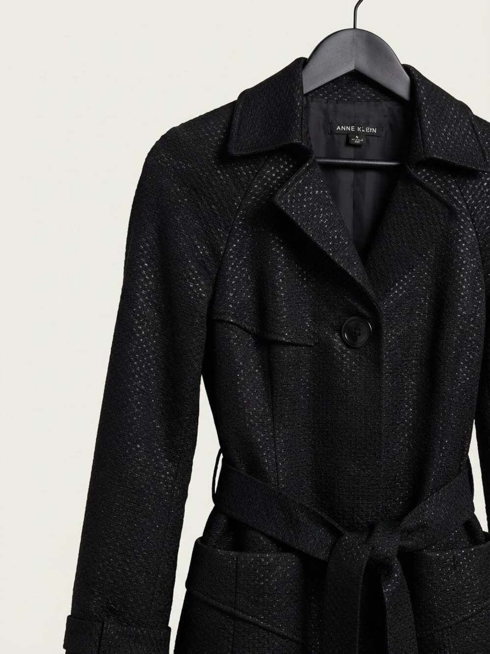Anne Klein Suit Black Textured Pattern Belted Trench Coat Size 4